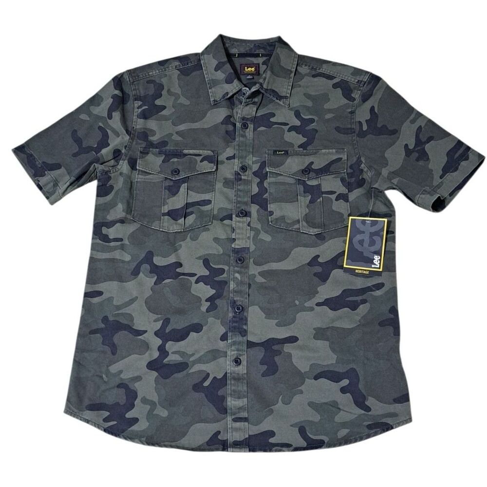Lee Men's Green Camo Button Down Cotton Canvas Short Sleeve Shirt Sz Medium